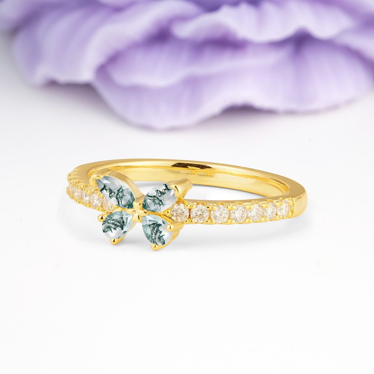Dazzling Marquise Cut Moss Agate Butterfly Single Stackable Wedding Ring - Additional view