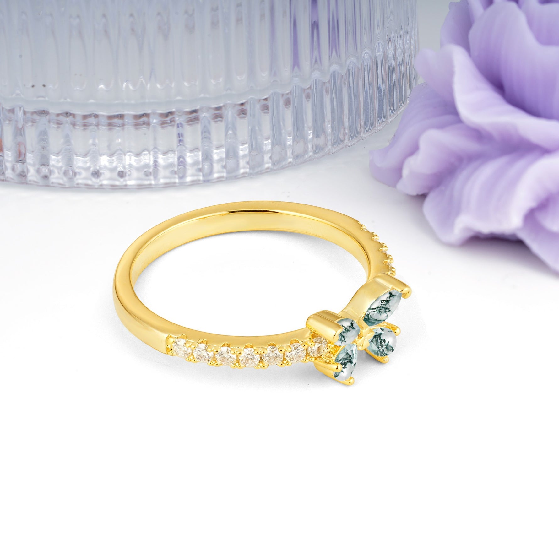 Dazzling Marquise Cut Moss Agate Butterfly Single Stackable Wedding Ring - Additional view
