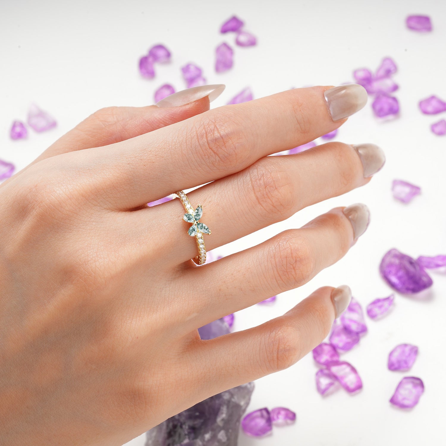 Dazzling Marquise Cut Moss Agate Butterfly Single Stackable Wedding Ring - Additional view