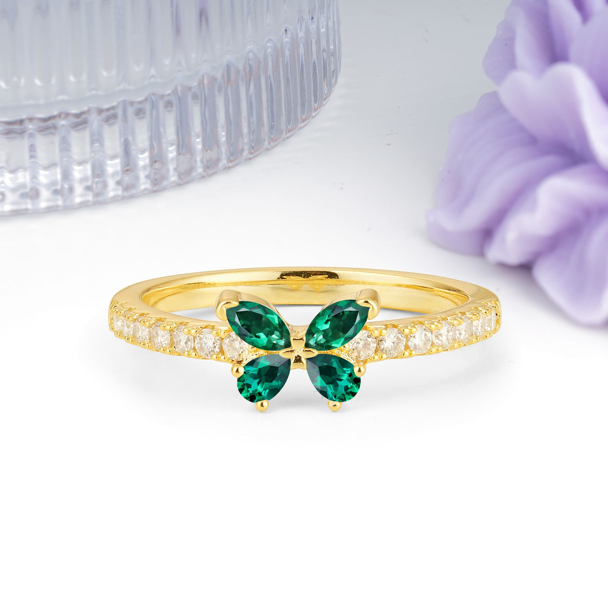Dazzling Marquise Cut Emerald Butterfly Single Stackable Wedding Ring - Additional view