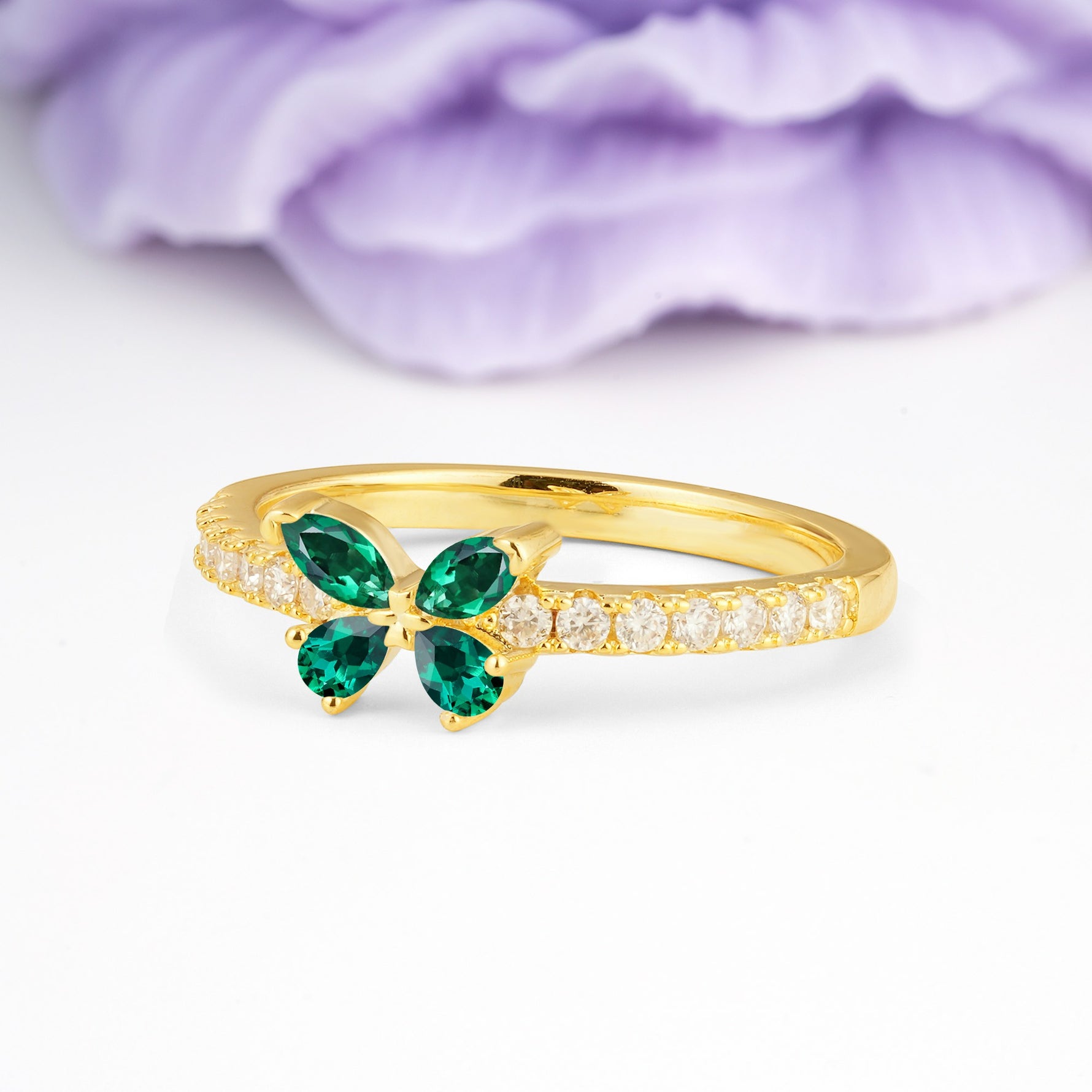 Dazzling Marquise Cut Emerald Butterfly Single Stackable Wedding Ring - Additional view