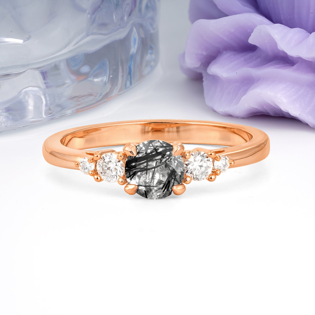 Simply Luxurious 4-Prong Round Cut Black Rutilated Quartz Engagement Ring - Additional view