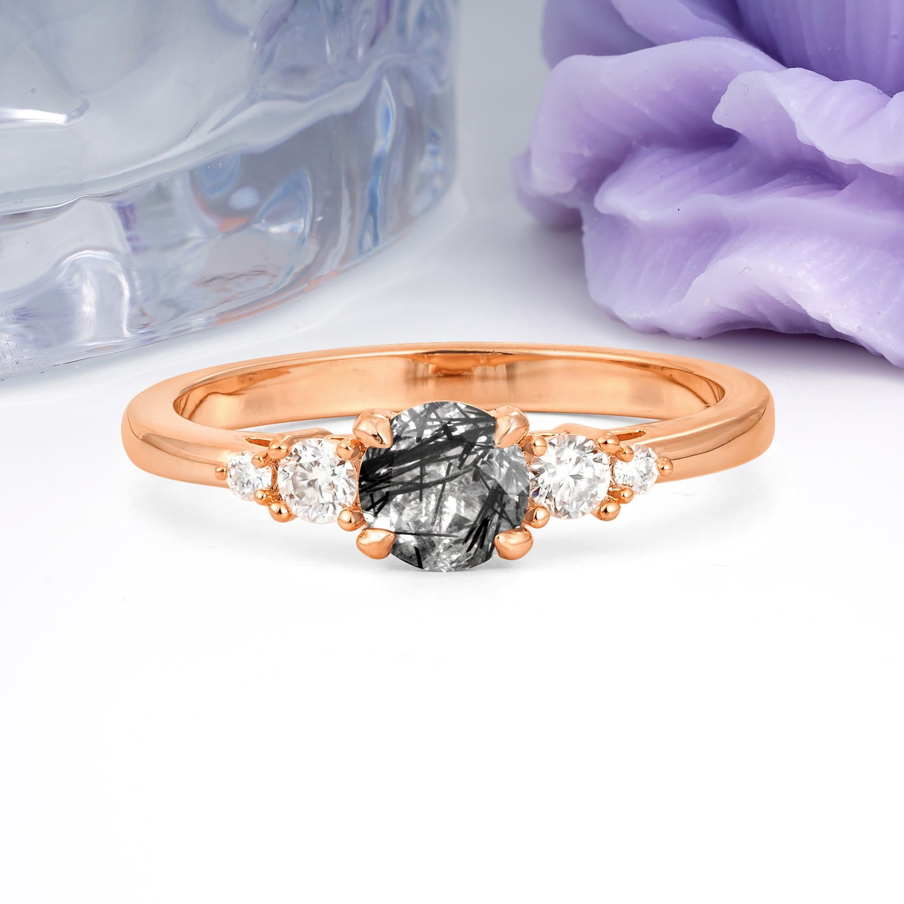Simply Luxurious 4-Prong Round Cut Black Rutilated Quartz Engagement Ring - Additional view