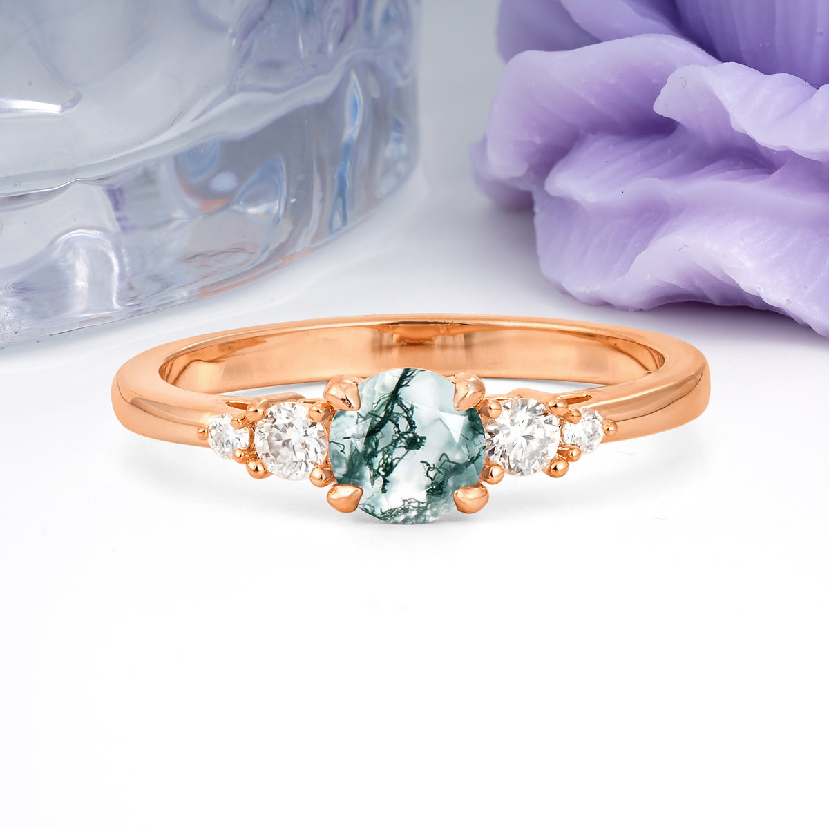 Simply Luxurious 4-Prong Round Cut Moss Agate Engagement Ring - Additional view