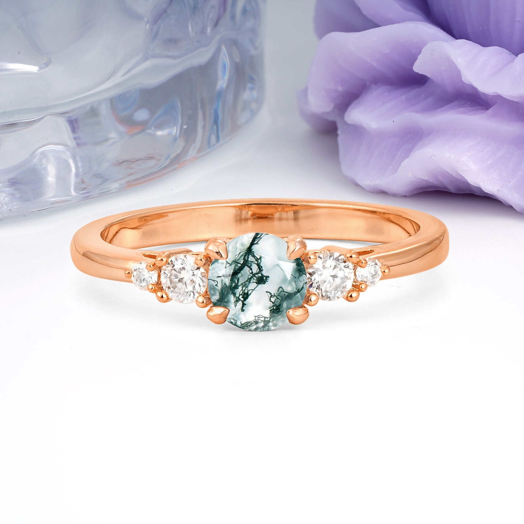 Simply Luxurious 4-Prong Round Cut Moss Agate Engagement Ring - Additional view