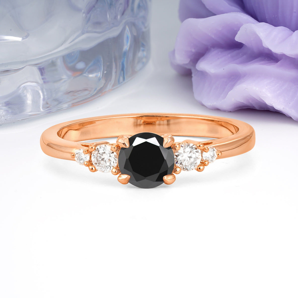 Simply Luxurious 4-Prong Round Cut Black Onyx Engagement Ring - Additional view