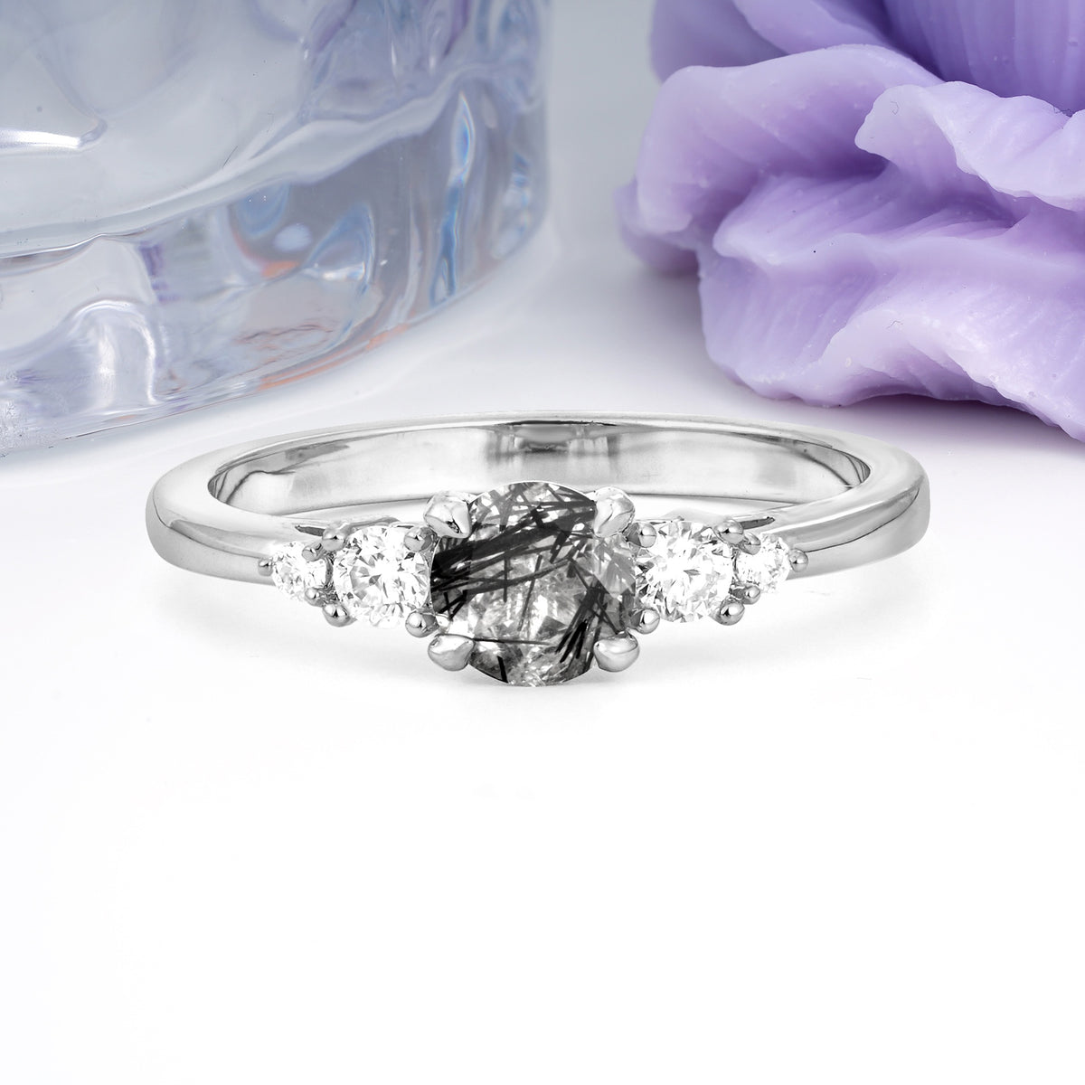 Simply Luxurious 4-Prong Round Cut Black Rutilated Quartz Engagement Ring - Additional view