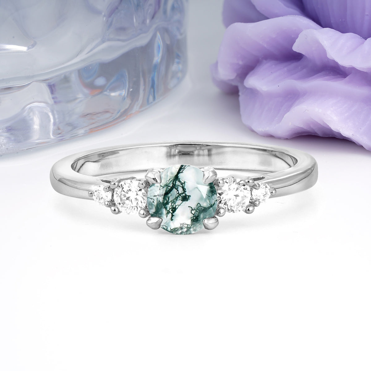 Simply Luxurious 4-Prong Round Cut Moss Agate Engagement Ring - Additional view