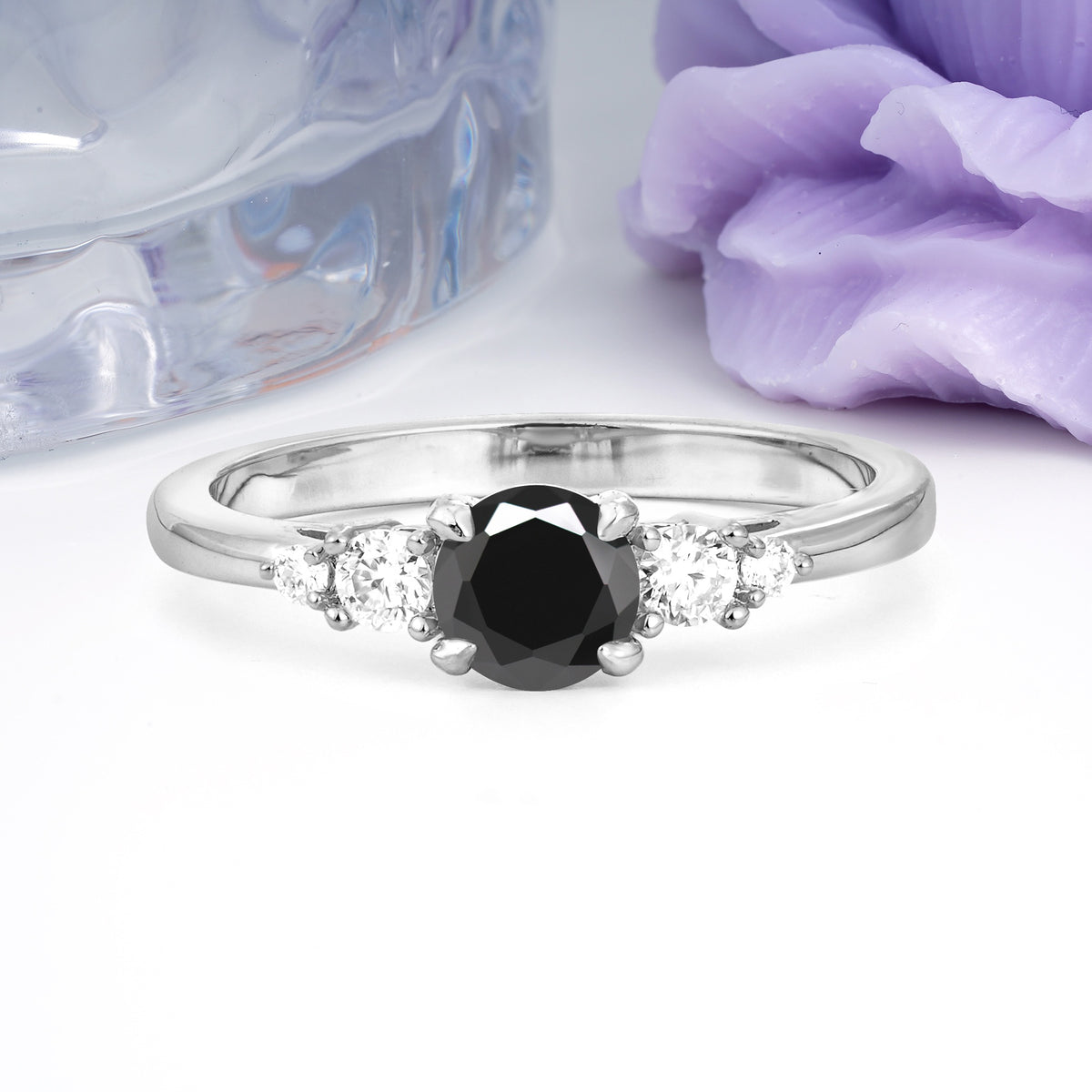 Simply Luxurious 4-Prong Round Cut Black Onyx Engagement Ring - Additional view