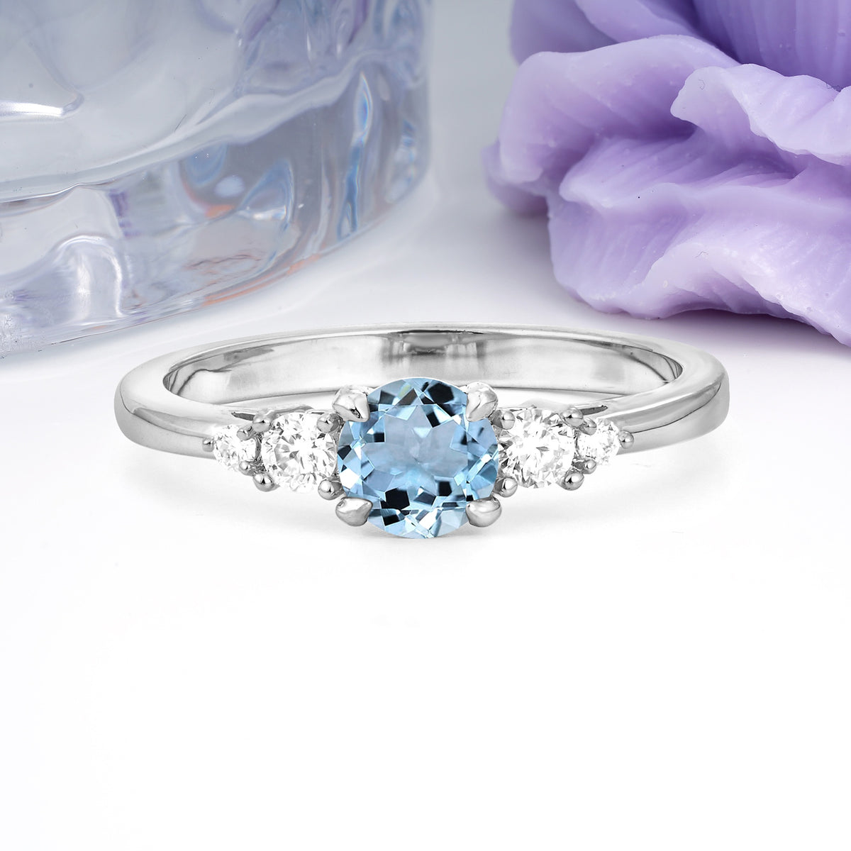 Simply Luxurious 4-Prong Round Cut Aquamarine Engagement Ring - Additional view