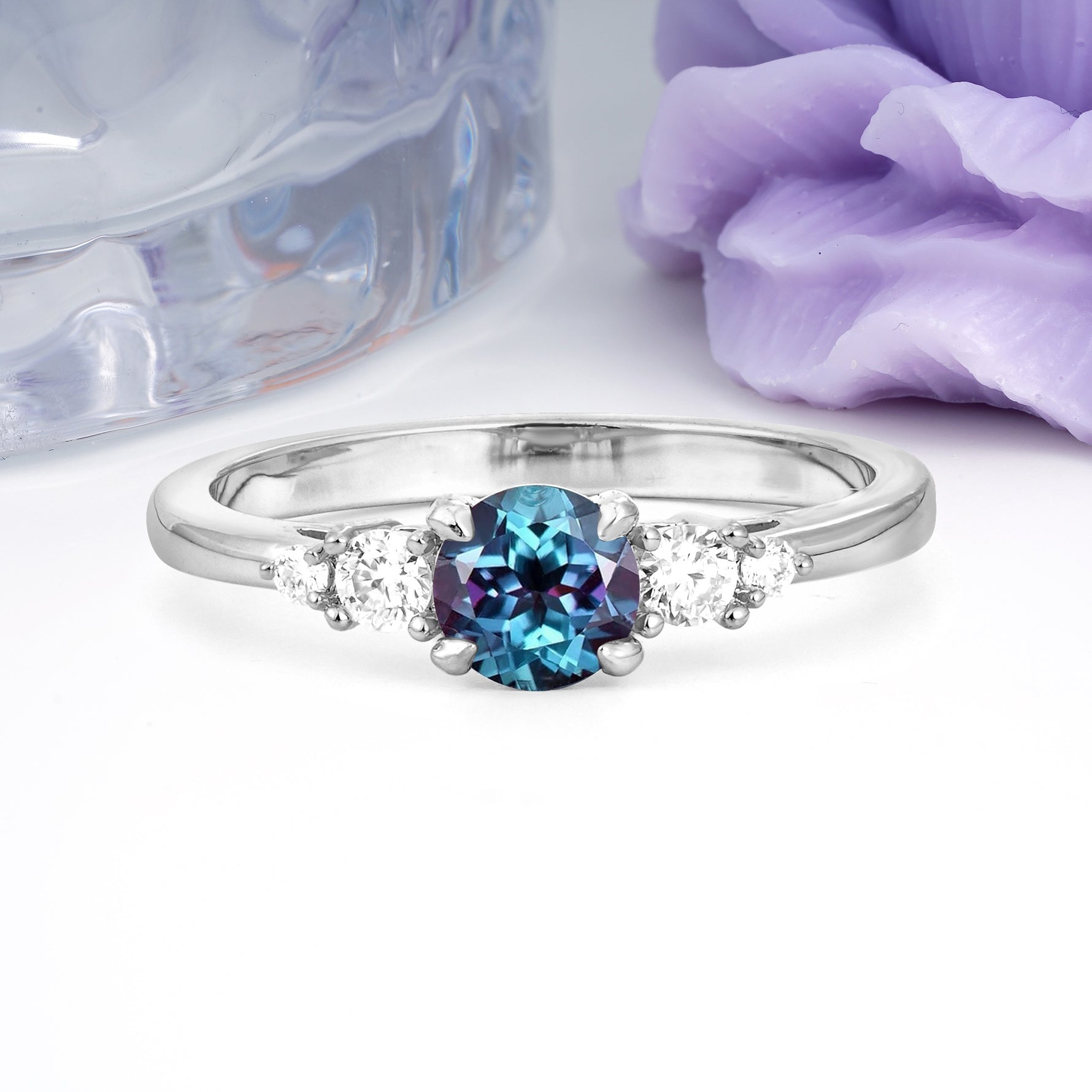 Simply Luxurious 4-Prong Round Cut Alexandrite Engagement Ring - Additional view
