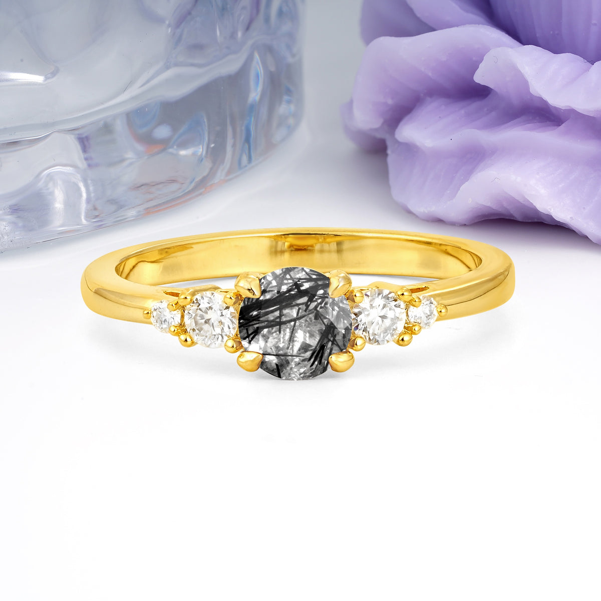 Simply Luxurious 4-Prong Round Cut Black Rutilated Quartz Engagement Ring - Additional view