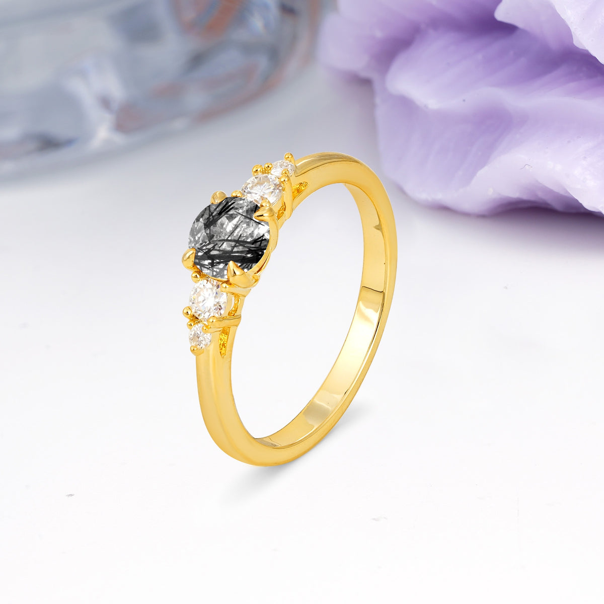 Simply Luxurious 4-Prong Round Cut Black Rutilated Quartz Engagement Ring - Additional view