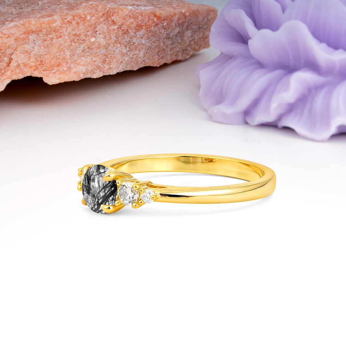 Simply Luxurious 4-Prong Round Cut Black Rutilated Quartz Engagement Ring - Additional view