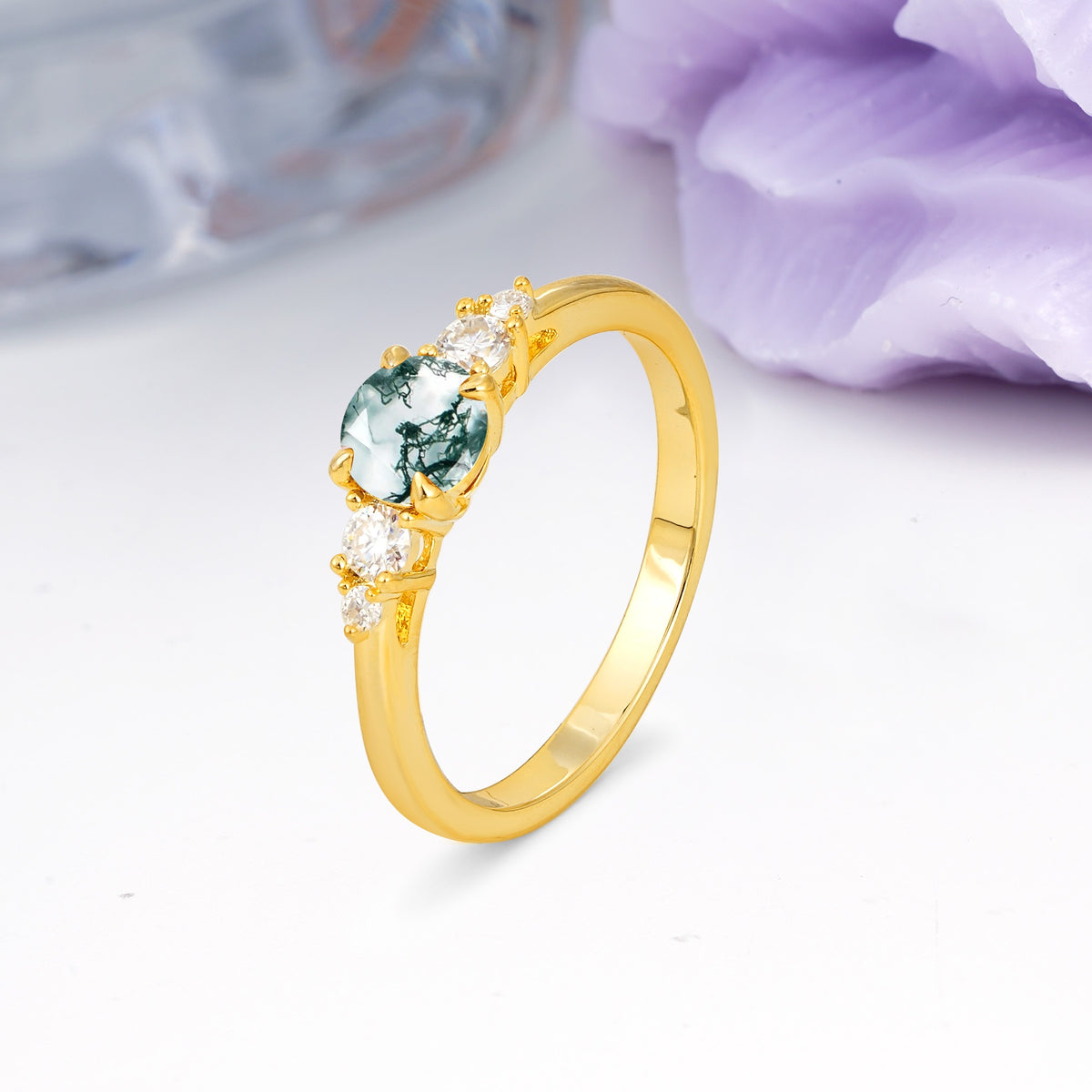 Simply Luxurious 4-Prong Round Cut Moss Agate Engagement Ring - Additional view