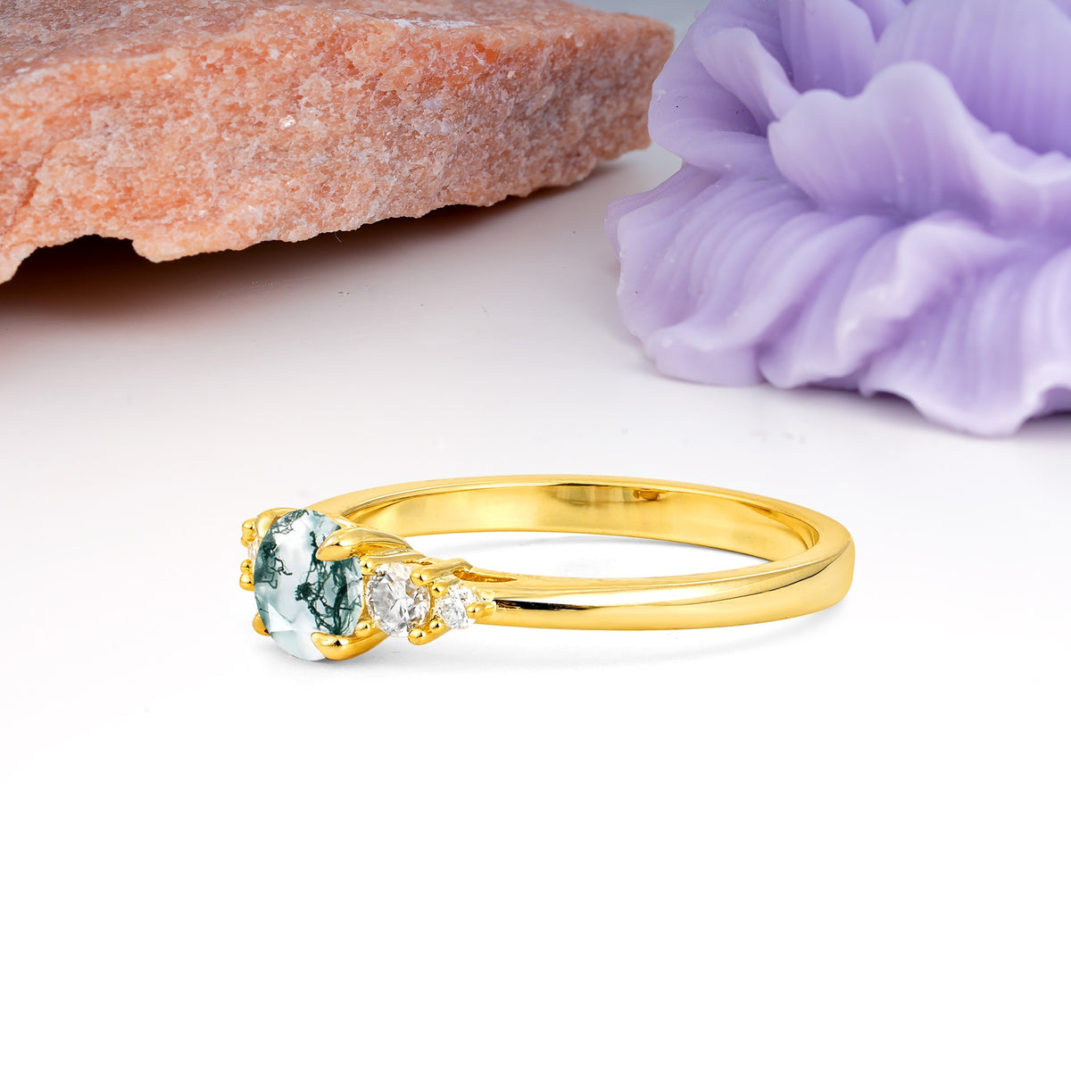 Simply Luxurious 4-Prong Round Cut Moss Agate Engagement Ring - Additional view