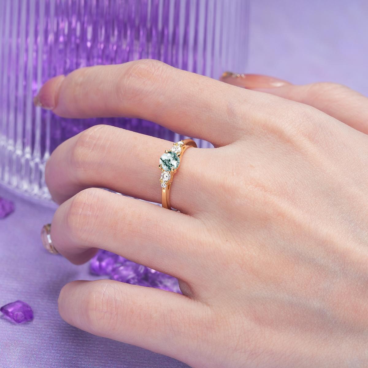 Simply Luxurious 4-Prong Round Cut Moss Agate Engagement Ring