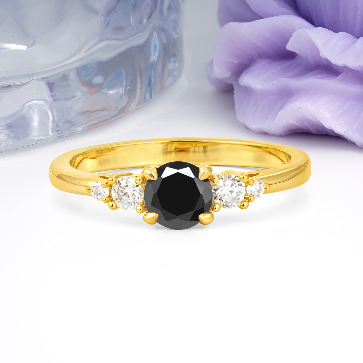 Simply Luxurious 4-Prong Round Cut Black Onyx Engagement Ring - Additional view