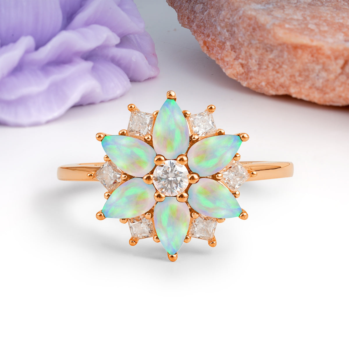 Classic Flower-Shaped 6-Prong Round Cut Fire Opal Engagement Ring - Additional view