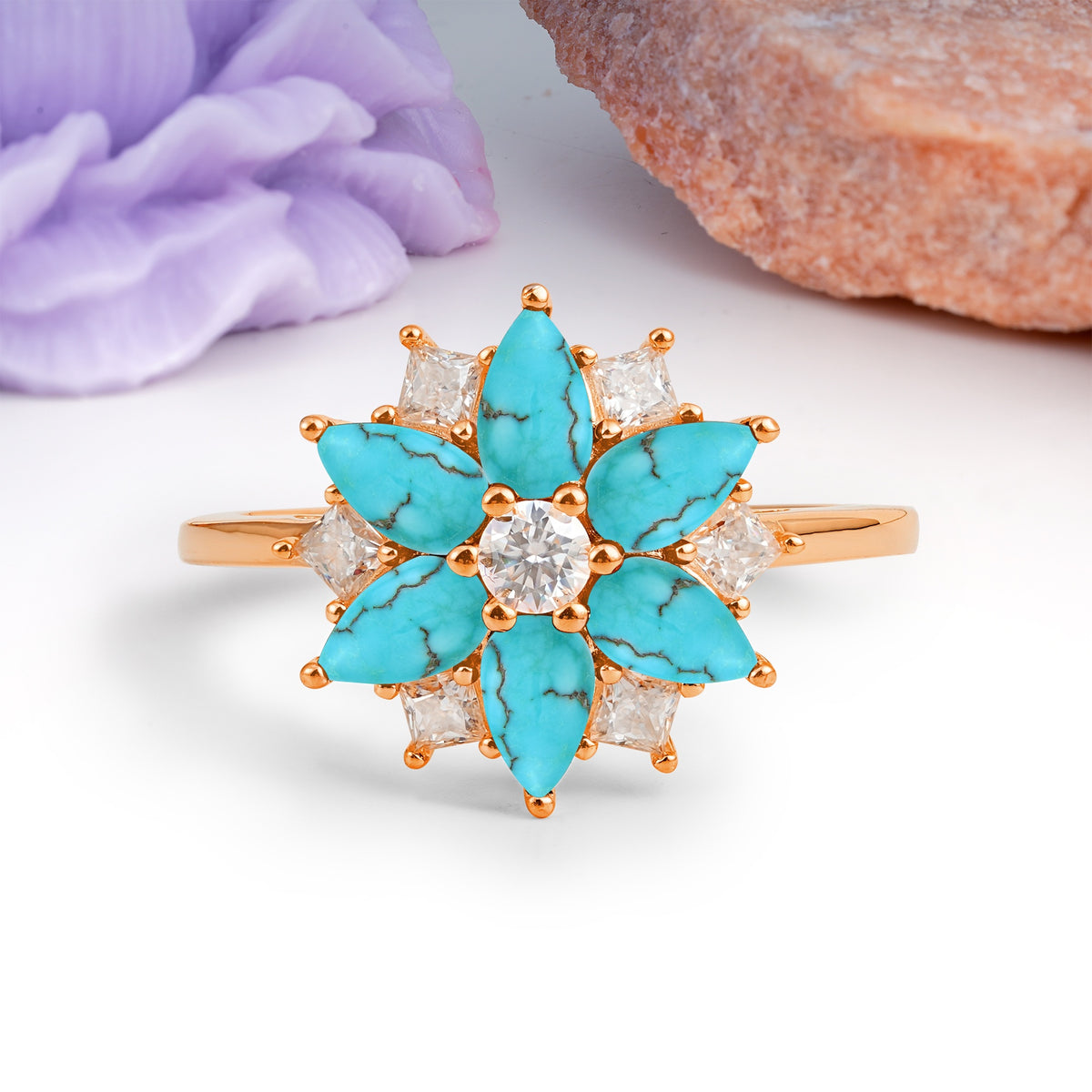 Classic Flower-Shaped 6-Prong Round Cut Turquoise Engagement Ring - Additional view