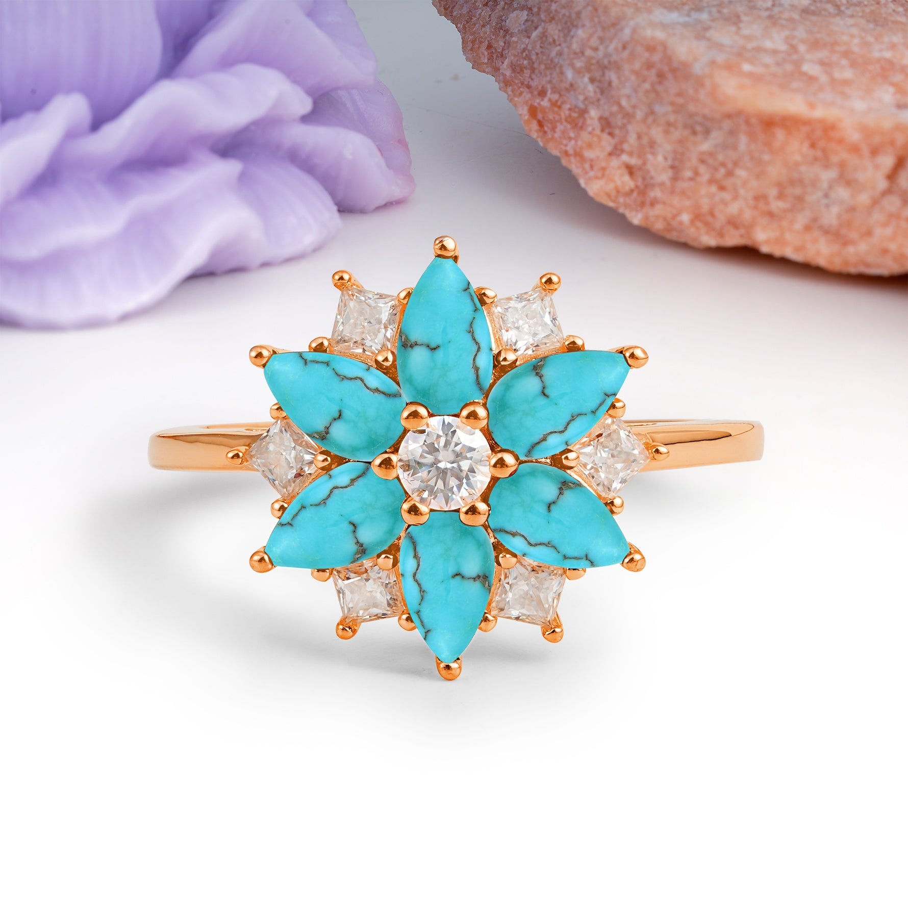 Classic Flower-Shaped 6-Prong Round Cut Turquoise Engagement Ring - Additional view