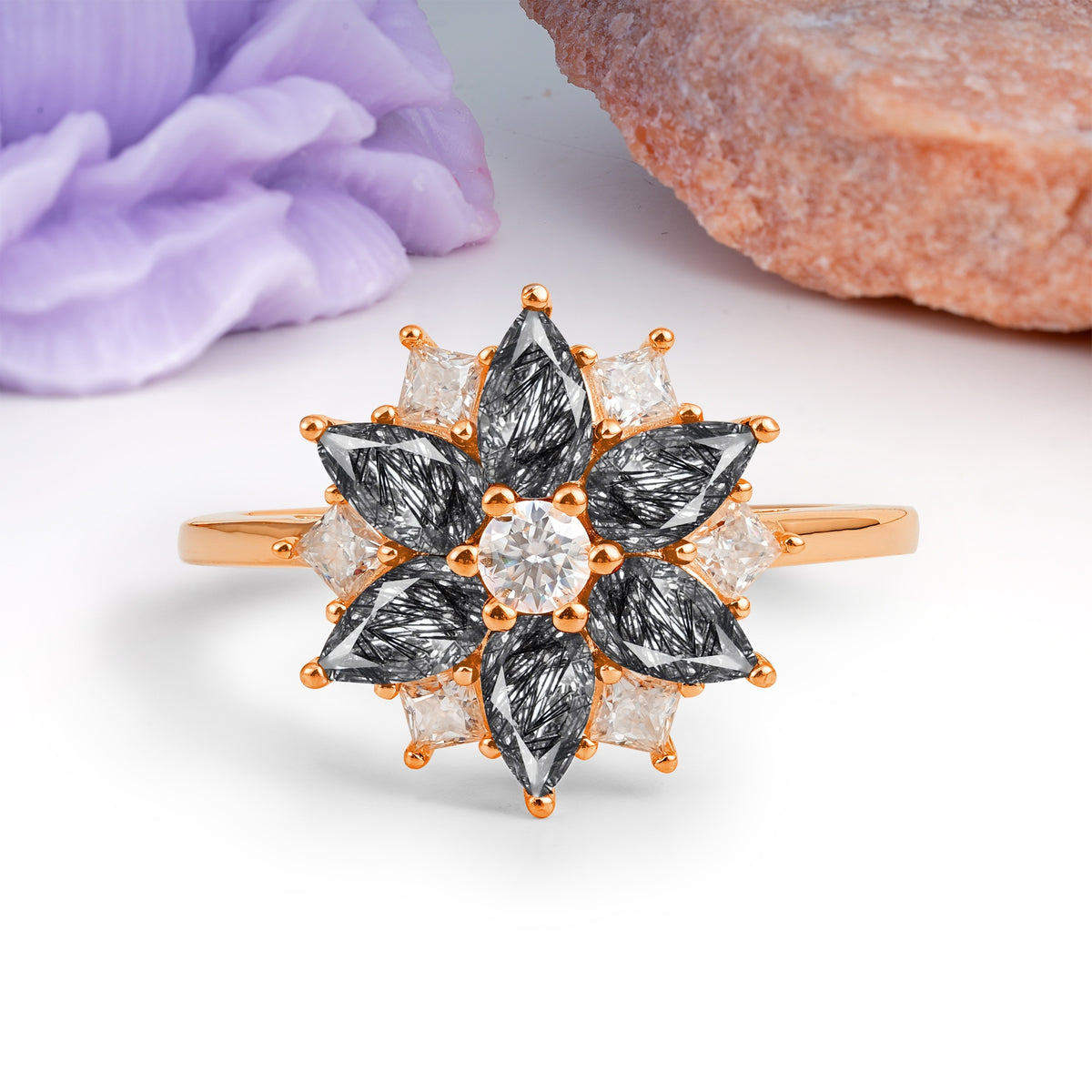 Classic Flower-Shaped 6-Prong Round Cut Black Rutilated Quartz Engagement Ring - Additional view