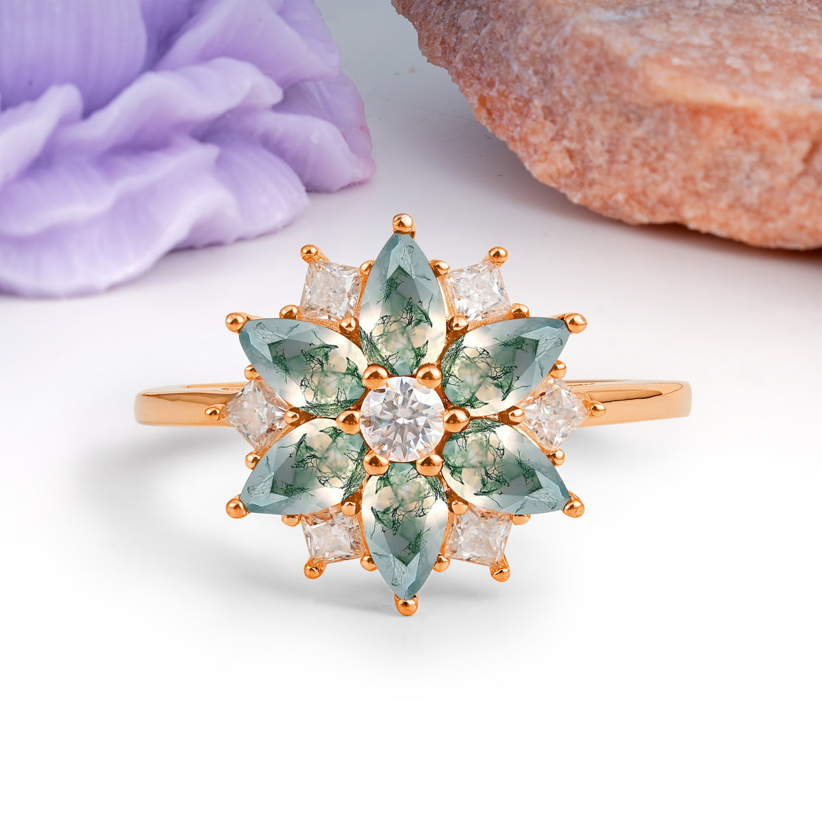 Classic Flower-Shaped 6-Prong Round Cut Moss Agate Engagement Ring - Additional view