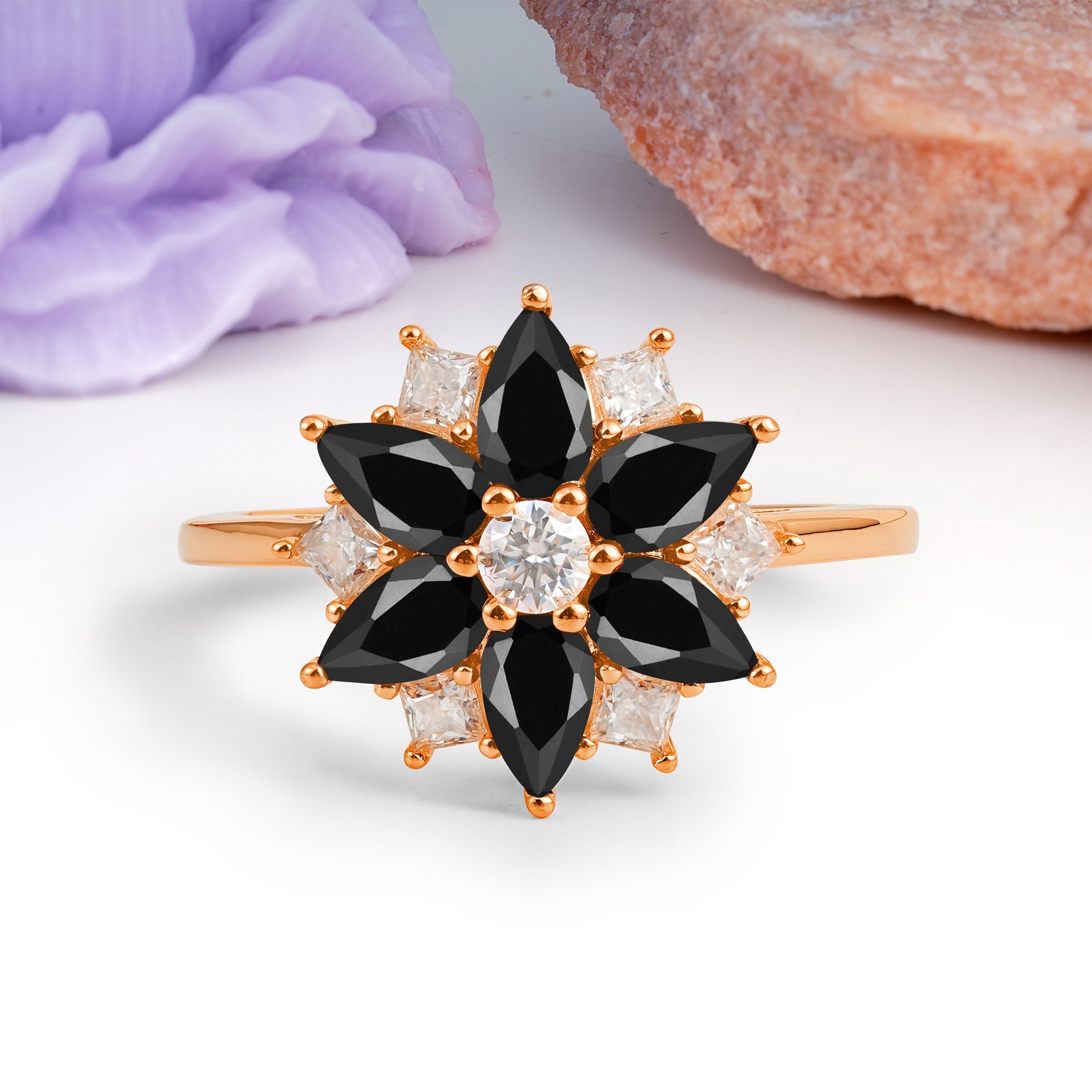 Classic Flower-Shaped 6-Prong Round Cut Black Onyx Engagement Ring - Additional view