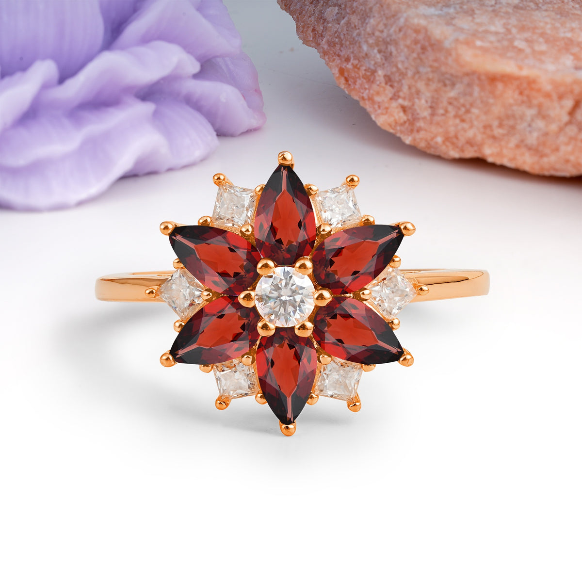 Classic Flower-Shaped 6-Prong Round Cut Garnet Engagement Ring - Additional view