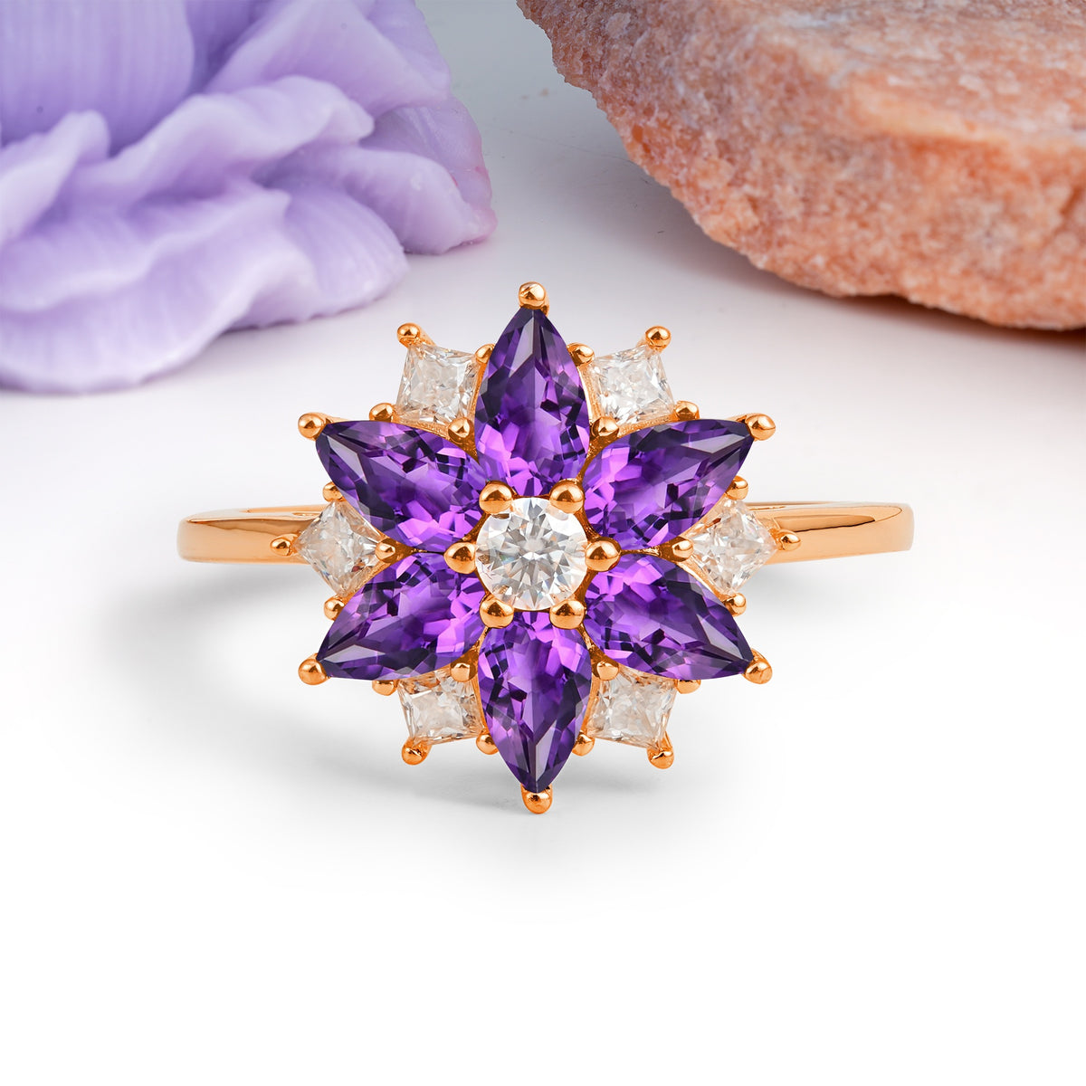 Classic Flower-Shaped 6-Prong Round Cut Amethyst Engagement Ring - Additional view