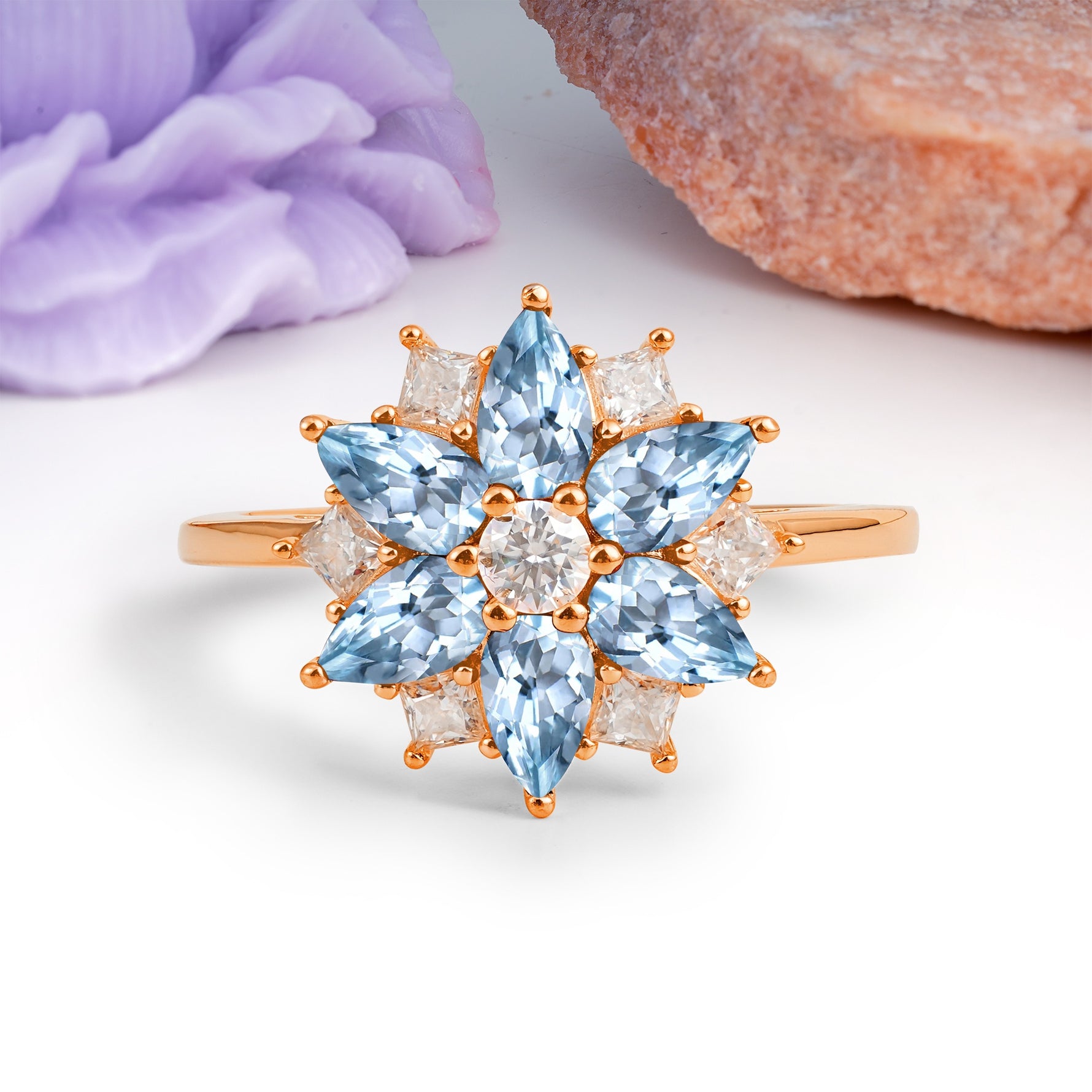 Classic Flower-Shaped 6-Prong Round Cut Aquamarine Engagement Ring - Additional view