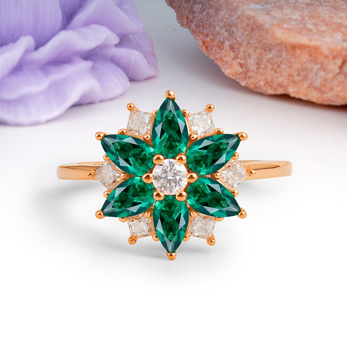 Classic Flower-Shaped 6-Prong Round Cut Emerald Engagement Ring - Additional view