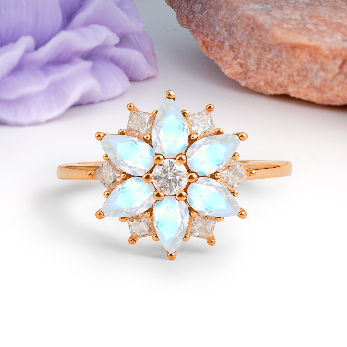 Classic Flower-Shaped 6-Prong Round Cut Moonstone Engagement Ring - Additional view
