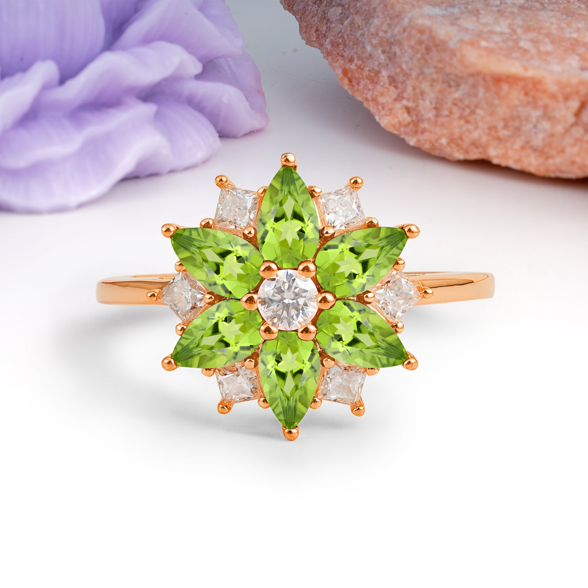 Classic Flower-Shaped 6-Prong Round Cut Peridot Engagement Ring - Additional view