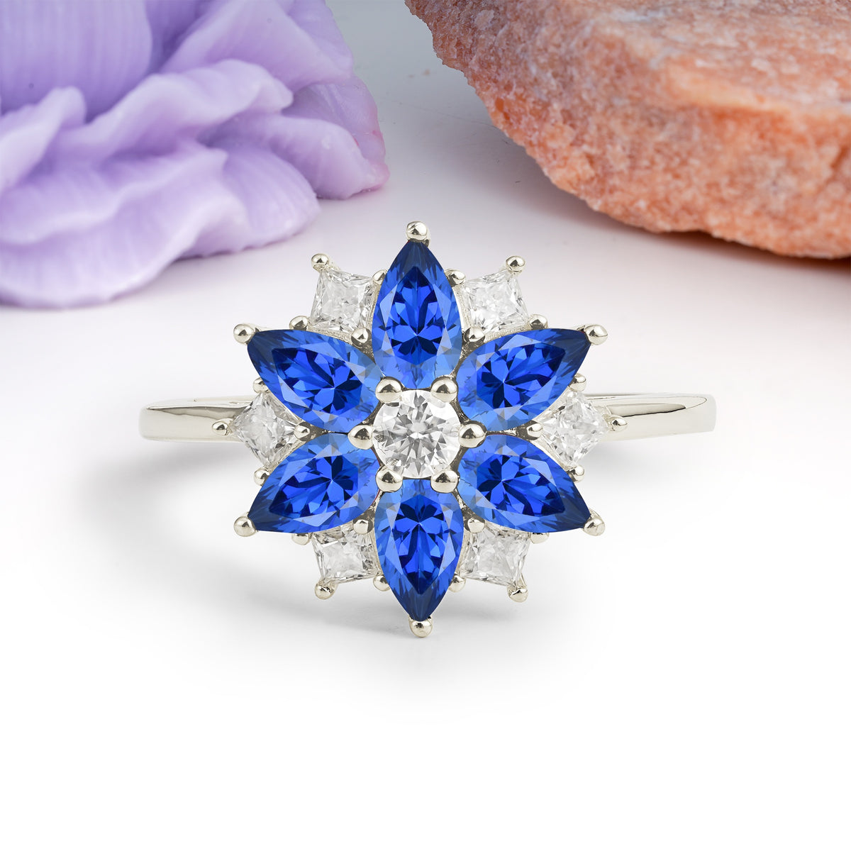 Classic Flower-Shaped 6-Prong Round Cut Sapphire Engagement Ring - Additional view