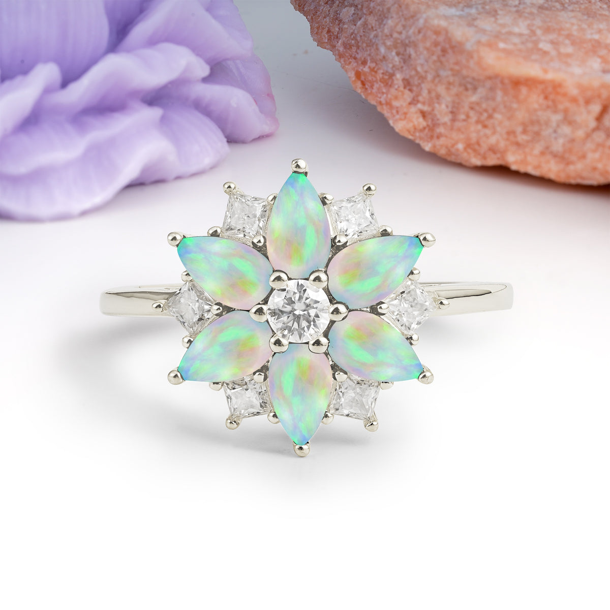 Classic Flower-Shaped 6-Prong Round Cut Fire Opal Engagement Ring - Additional view