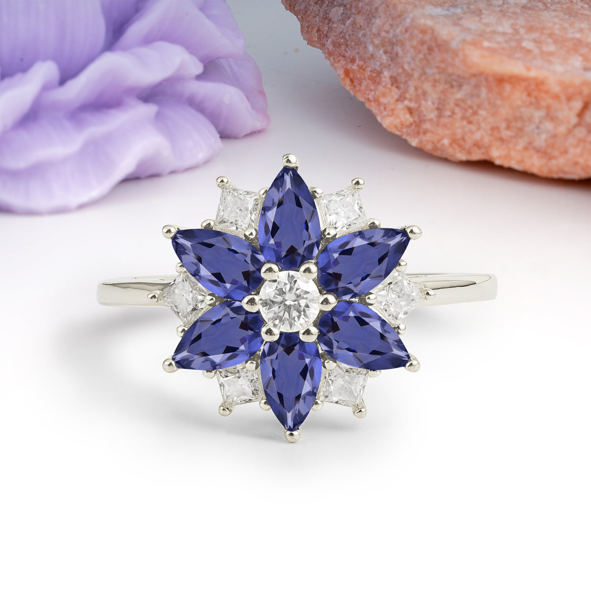 Classic Flower-Shaped 6-Prong Round Cut Tanzanite Engagement Ring - Additional view