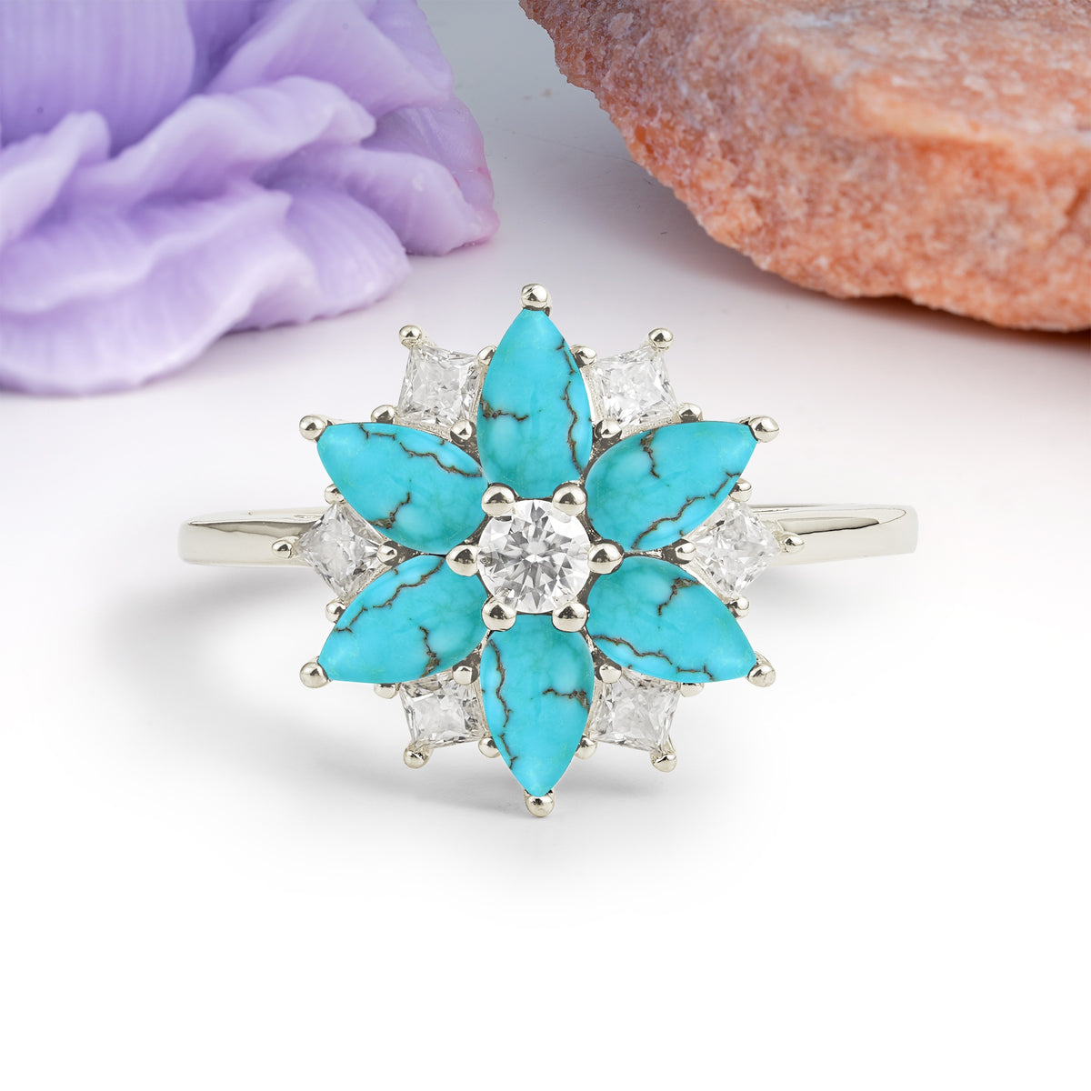 Classic Flower-Shaped 6-Prong Round Cut Turquoise Engagement Ring - Additional view