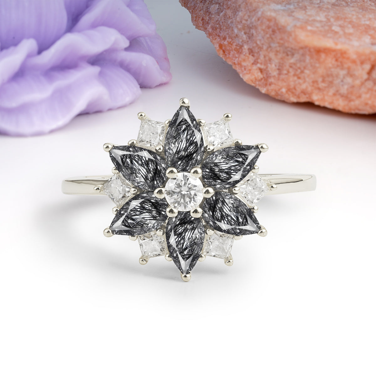 Classic Flower-Shaped 6-Prong Round Cut Black Rutilated Quartz Engagement Ring - Additional view