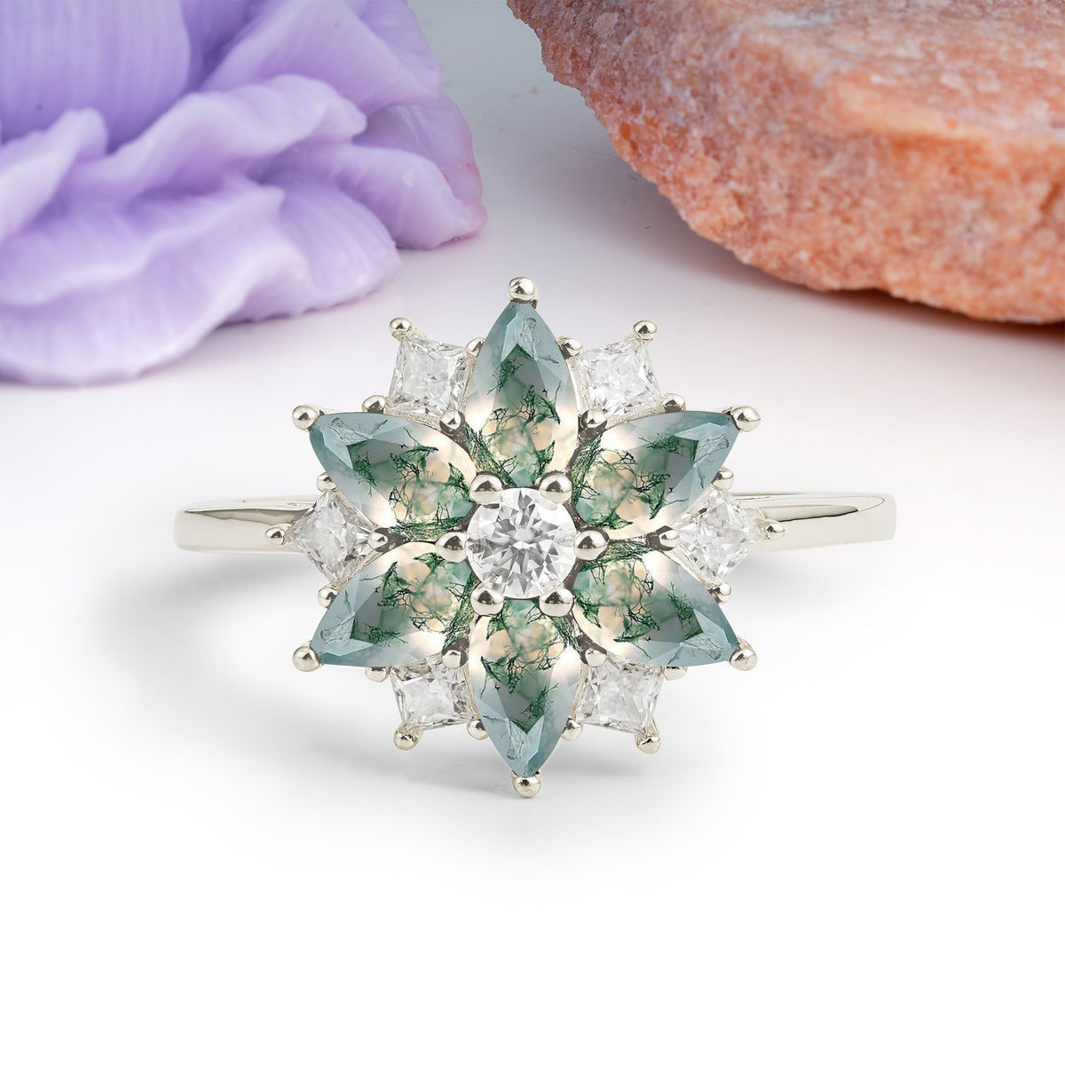 Classic Flower-Shaped 6-Prong Round Cut Moss Agate Engagement Ring - Additional view