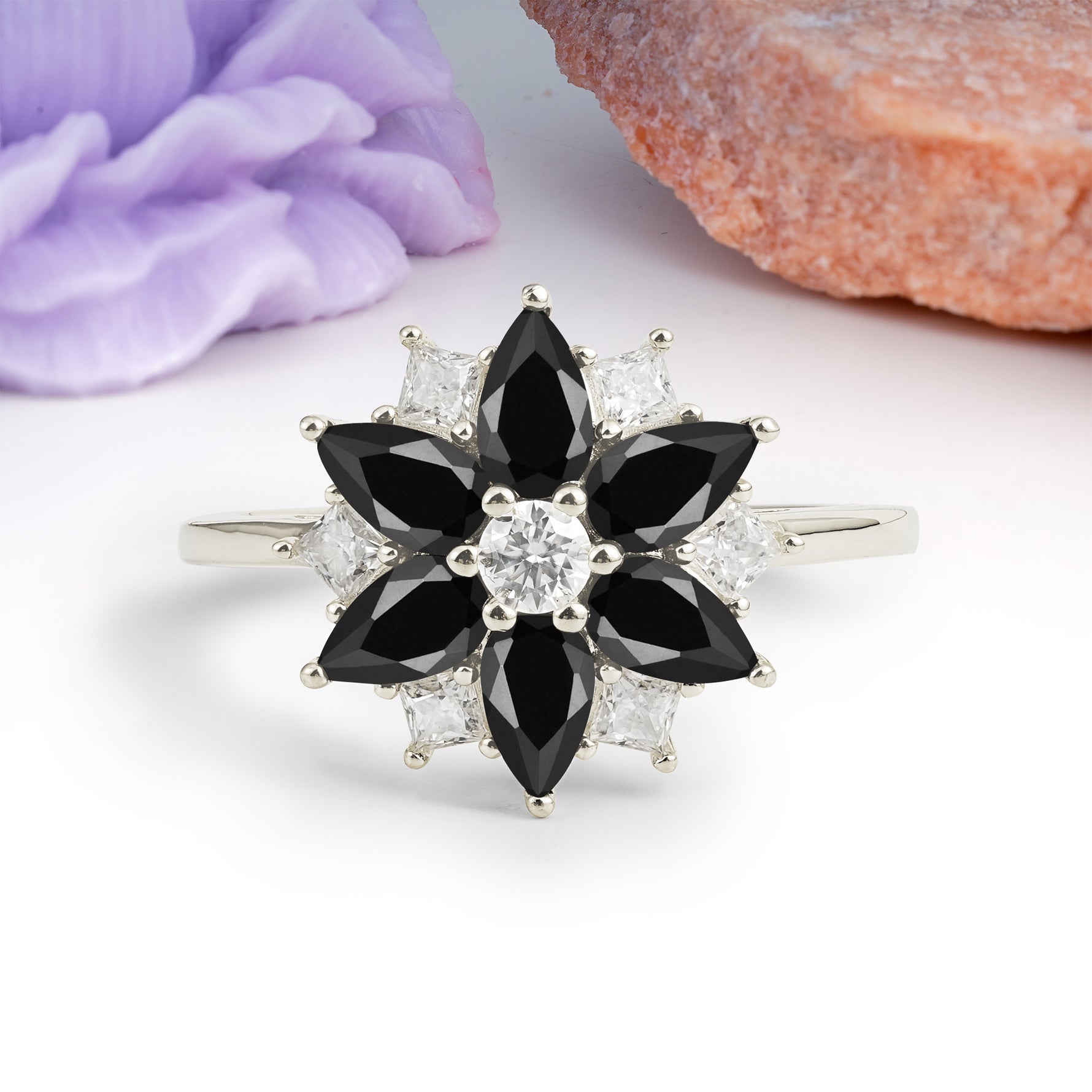 Classic Flower-Shaped 6-Prong Round Cut Black Onyx Engagement Ring - Additional view