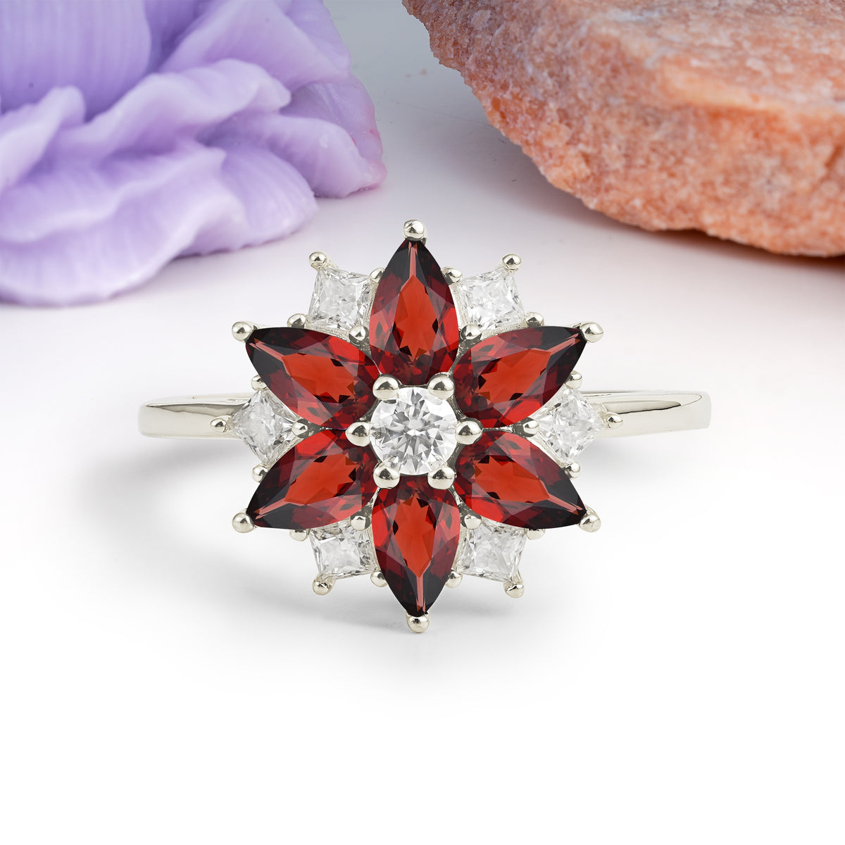 Classic Flower-Shaped 6-Prong Round Cut Garnet Engagement Ring - Additional view