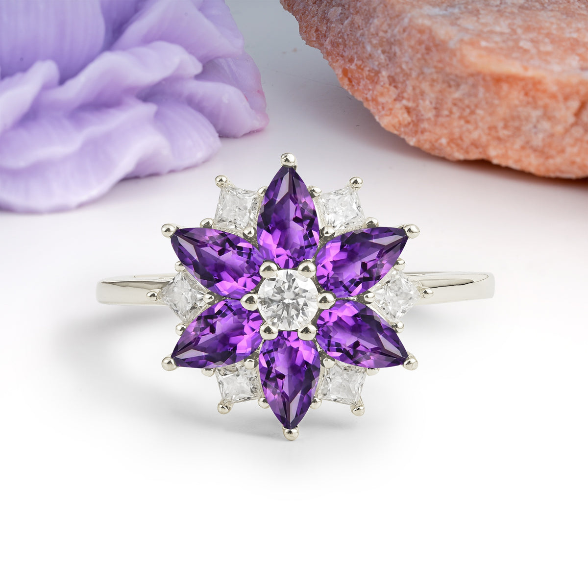 Classic Flower-Shaped 6-Prong Round Cut Amethyst Engagement Ring - Additional view