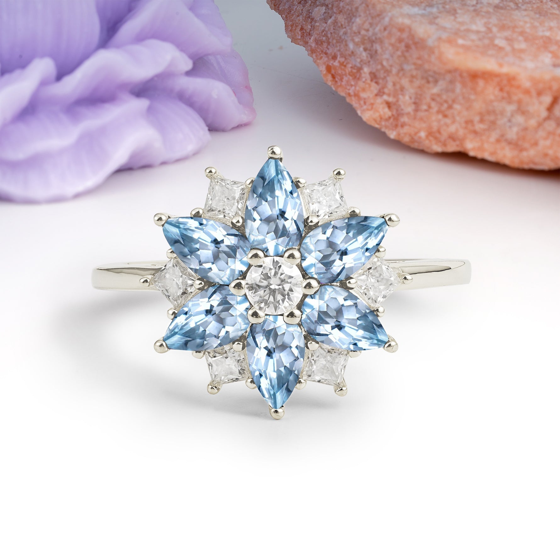 Classic Flower-Shaped 6-Prong Round Cut Aquamarine Engagement Ring - Additional view