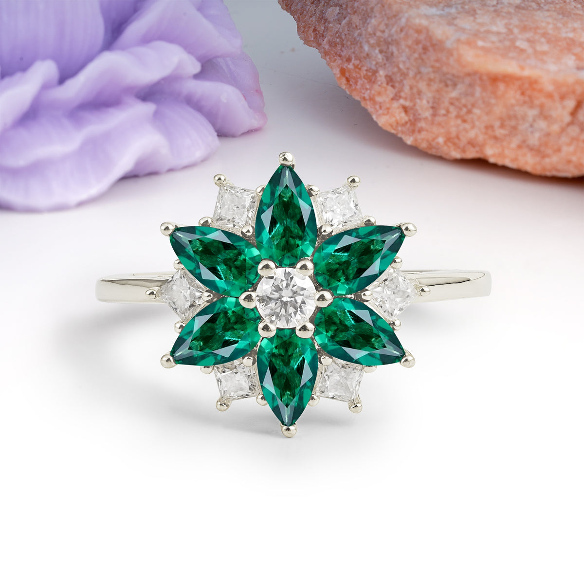 Classic Flower-Shaped 6-Prong Round Cut Emerald Engagement Ring - Additional view