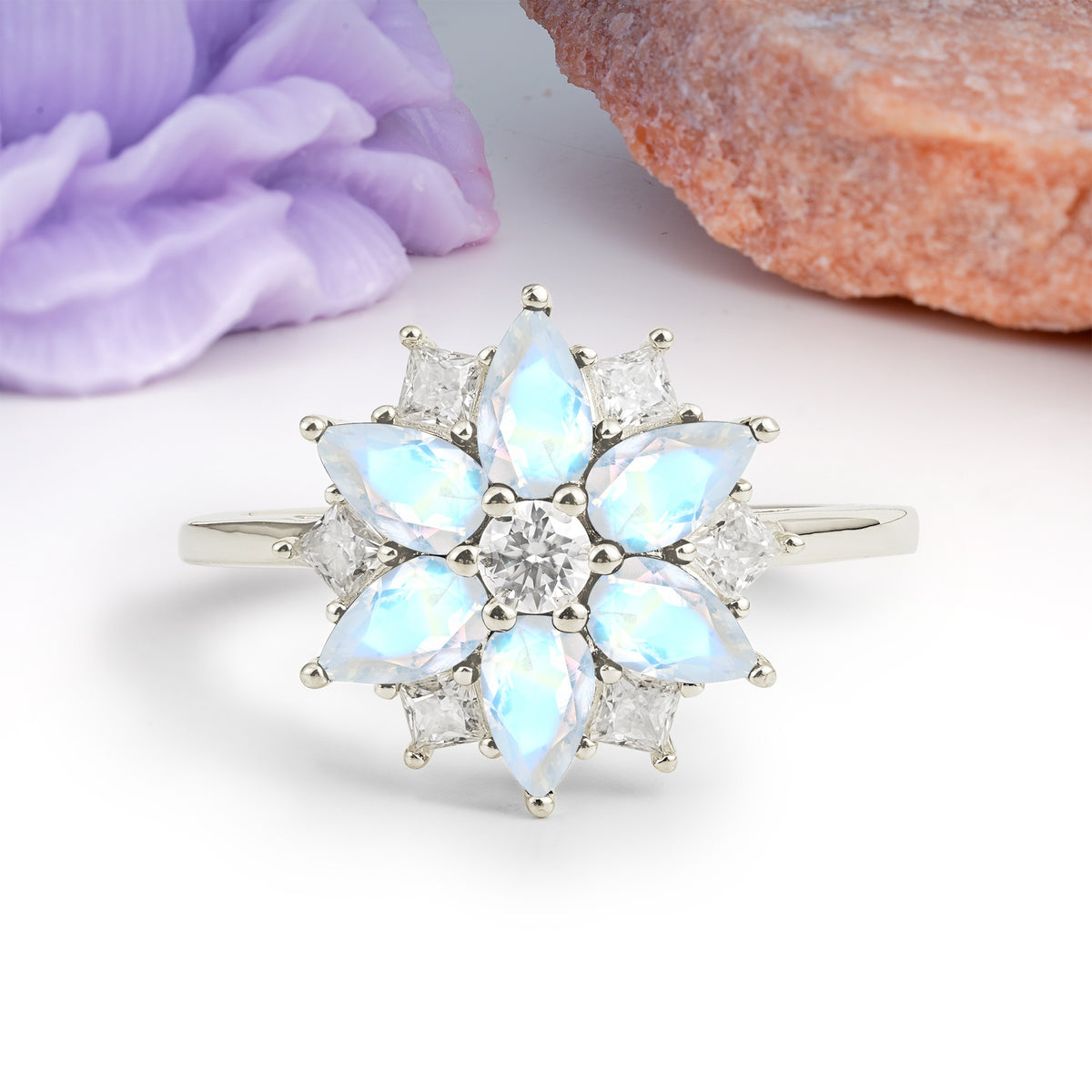 Classic Flower-Shaped 6-Prong Round Cut Moonstone Engagement Ring - Additional view