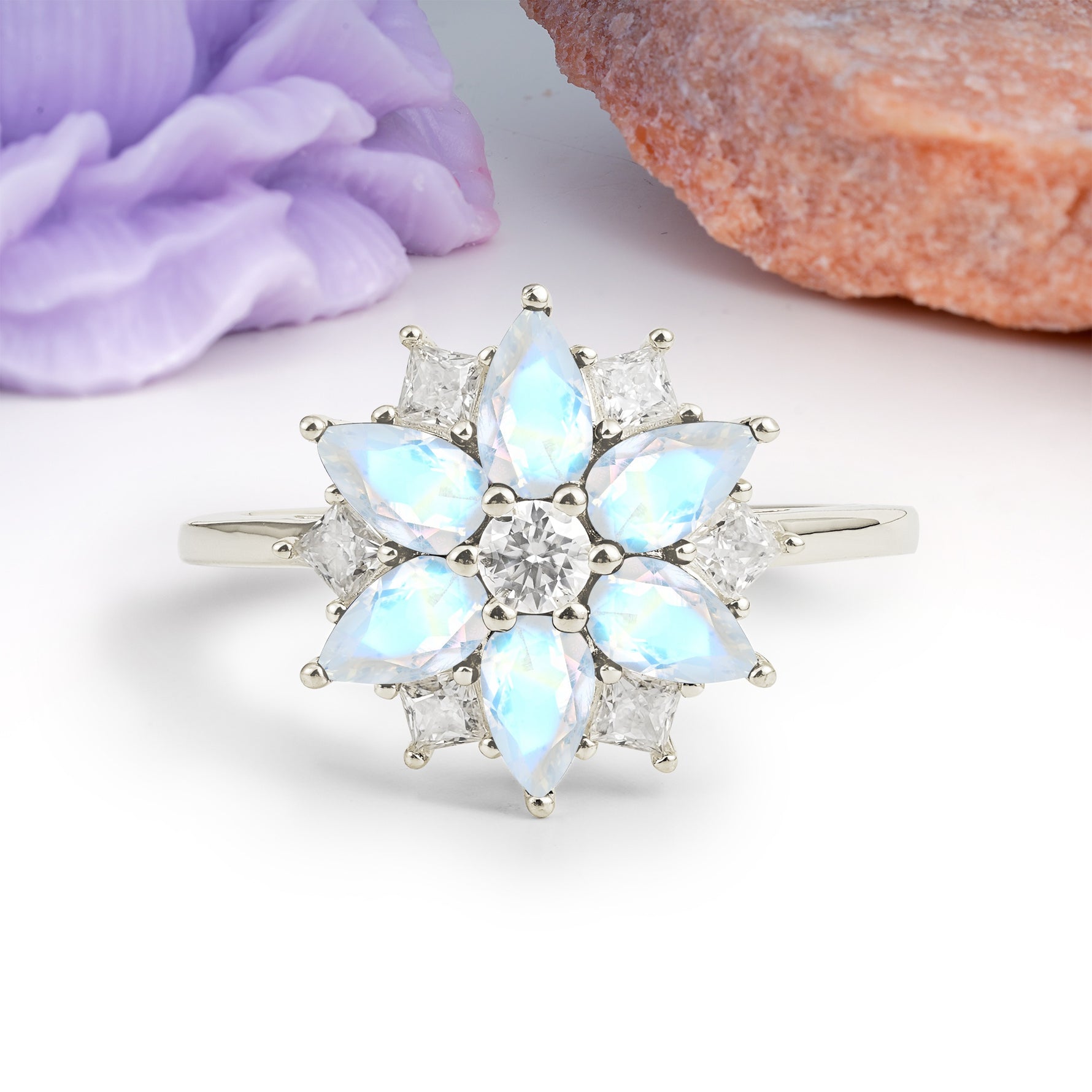 Classic Flower-Shaped 6-Prong Round Cut Moonstone Engagement Ring - Additional view