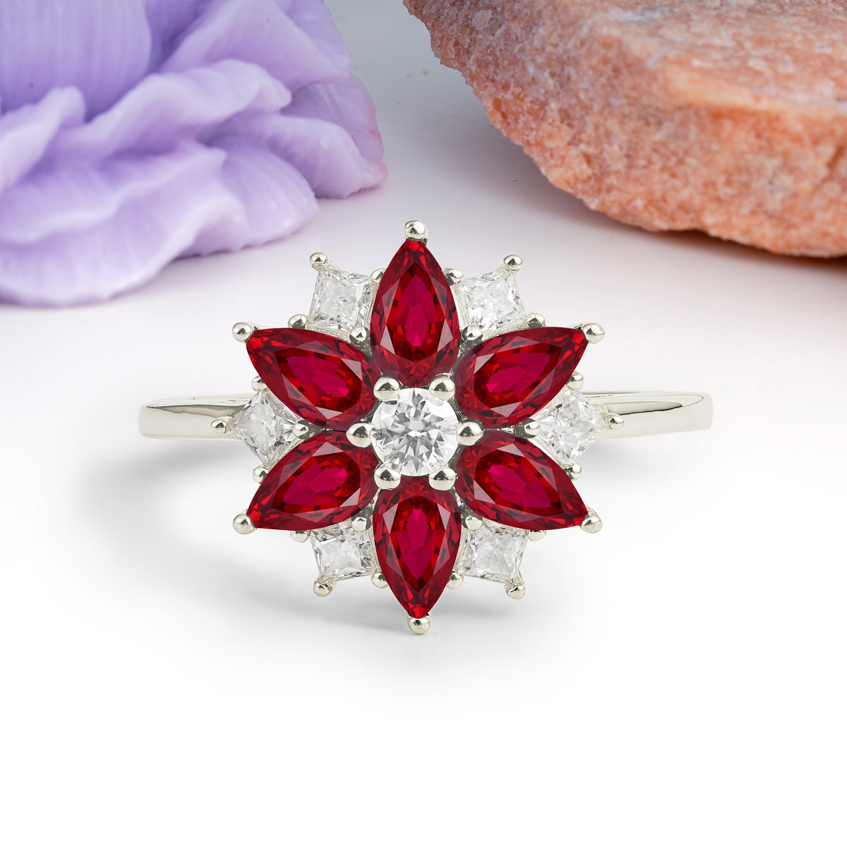 Classic Flower-Shaped 6-Prong Round Cut Ruby Engagement Ring - Additional view