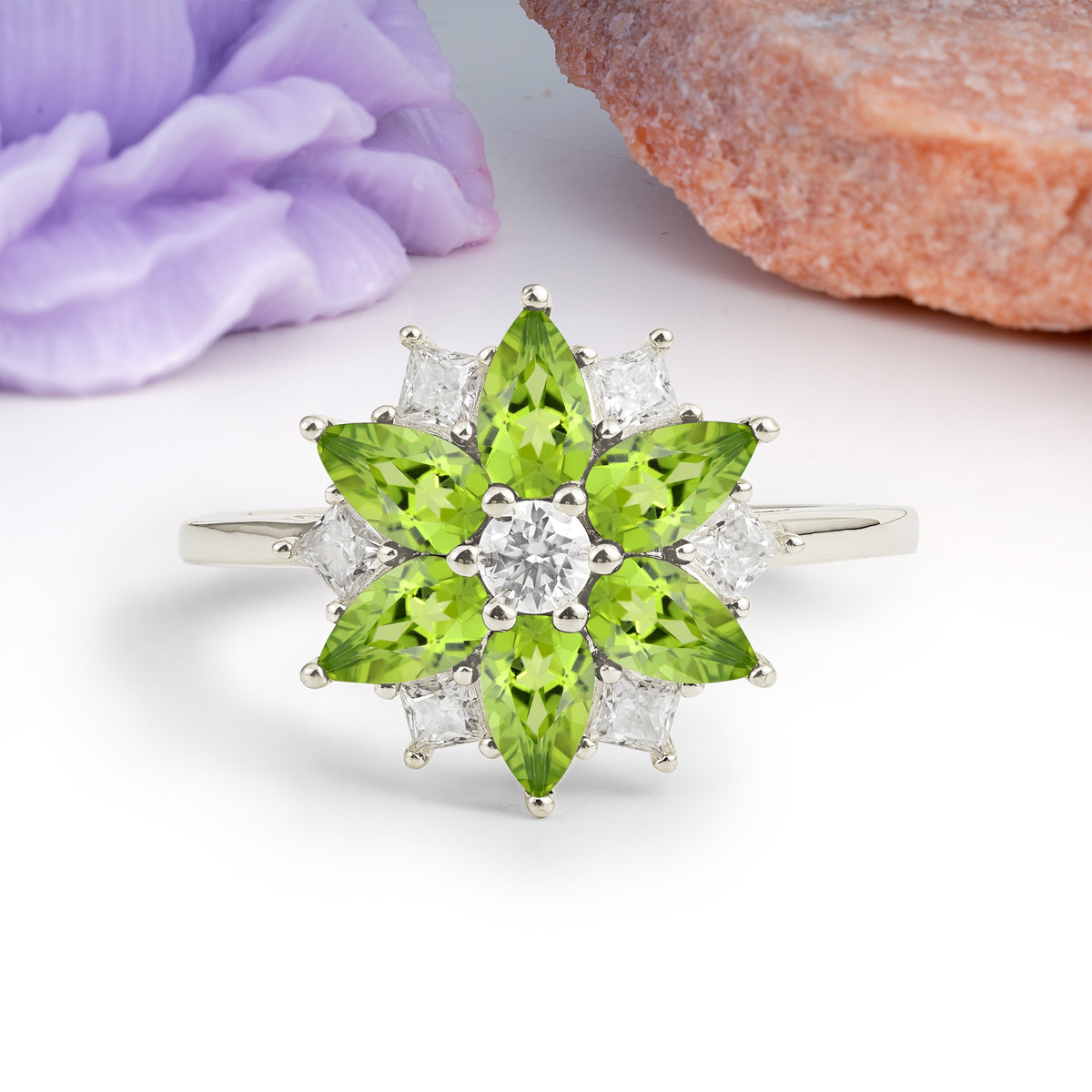 Classic Flower-Shaped 6-Prong Round Cut Peridot Engagement Ring - Additional view