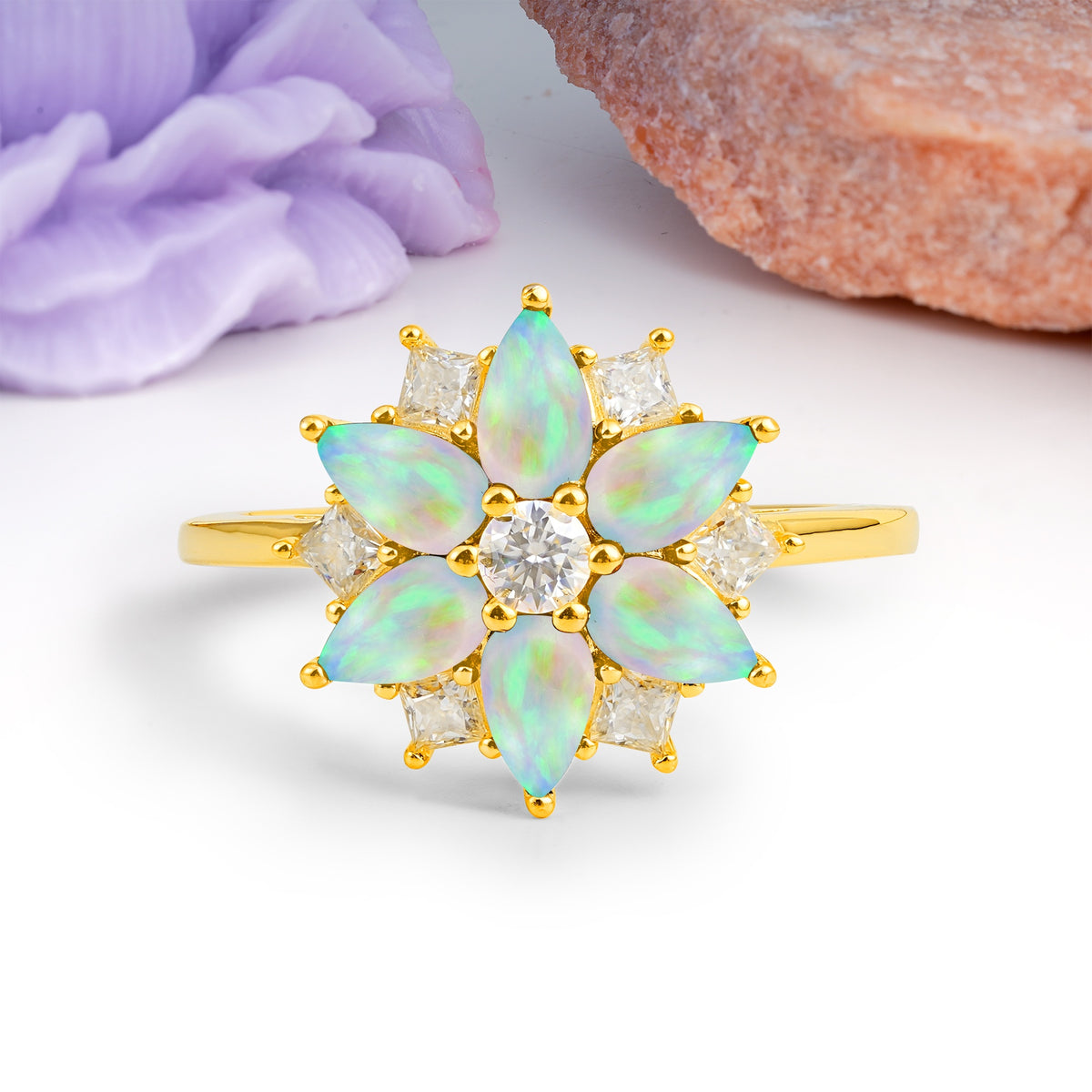 Classic Flower-Shaped 6-Prong Round Cut Fire Opal Engagement Ring - Additional view